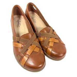 Clarks Womens 6 M Brown Leather Weave Slip On Step June Shell Loafer